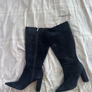 Nine West Black Suede Wide Calf Block Heel Boots